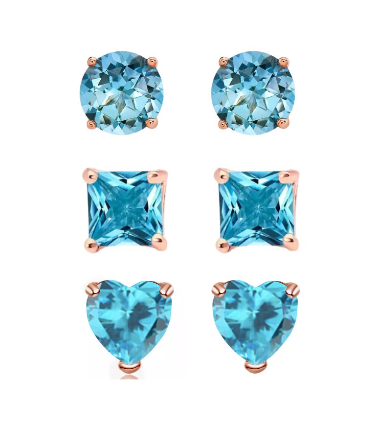 18k Rose Gold Plated 4mm Created Blue Topaz 3 Pair Round, Square and Heart Stud Earrings