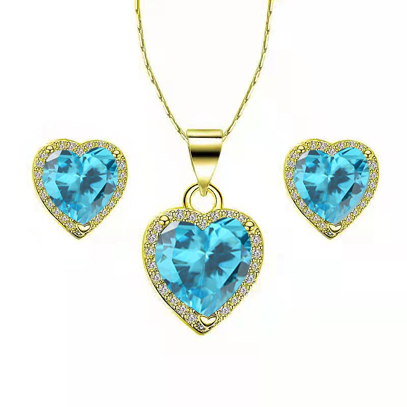 Paris Jewelry 18k Yellow Gold Plated Heart 4 Carat Created Blue Topaz Full Set Necklace, Earrings 18 Inch
