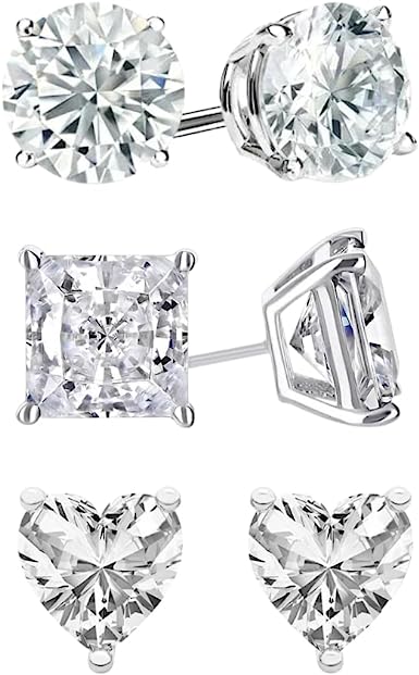 Paris Jewelry 18k White Gold Created White Sapphire 3 Pair Round, Square And Heart Stud Earrings Plated 4mm