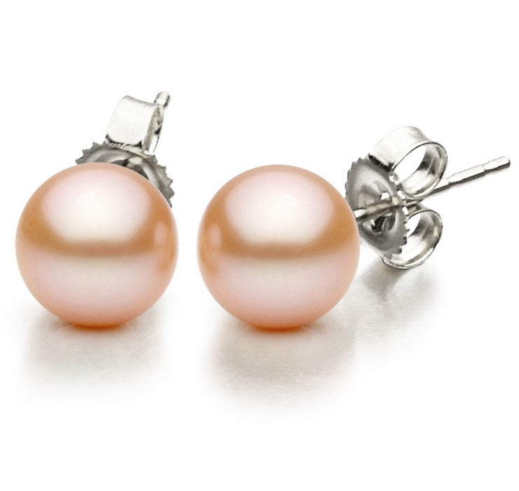 10K White Gold Plated 10mm Pink Pearl Round Stud Earrings