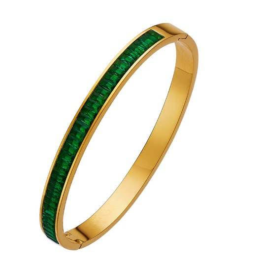 Yellow Gold Hinged Woman 4CT Created Emerald Bangle Bracelet Plated