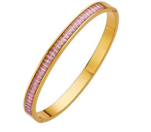Yellow Gold Hinged Woman 4CT Created Pink Sapphire Bangle Bracelet Plated