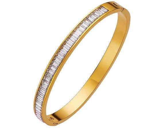 Yellow Gold Hinged Woman 4CT Created White Sapphire Bangle Bracelet Plated