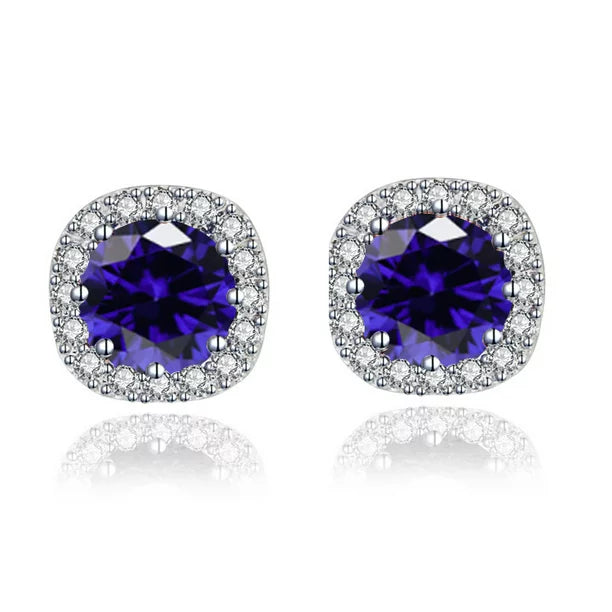 10k White Gold 2 Ct Round Created Blue Sapphire CZ Halo Stud Earrings Plated