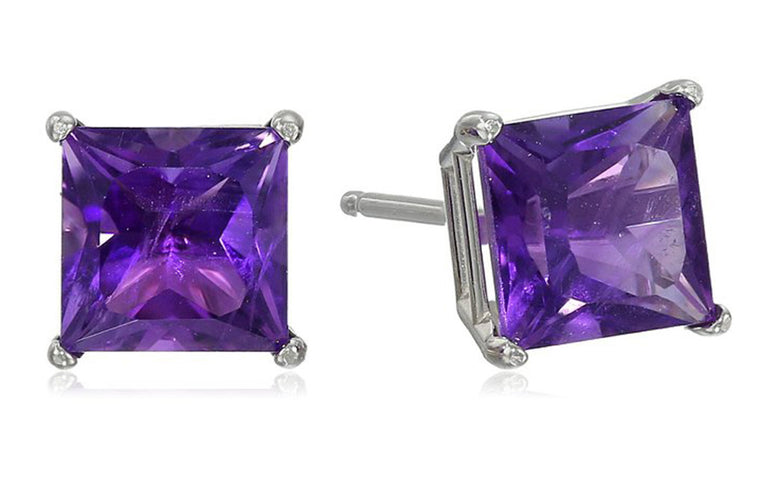 Sterling Silver 1 Carat Princess Amethyst Cubic Zirconia Stud Earrings Gold Plated