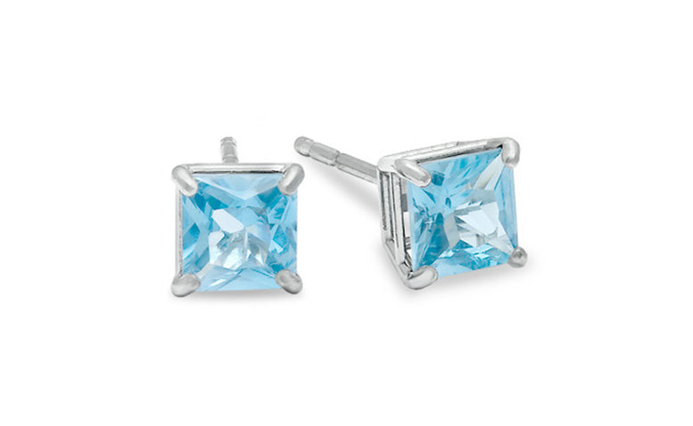 Sterling Silver 1Ct Princess Aquamarine Cubic Zirconia Stud Earrings Gold Plated