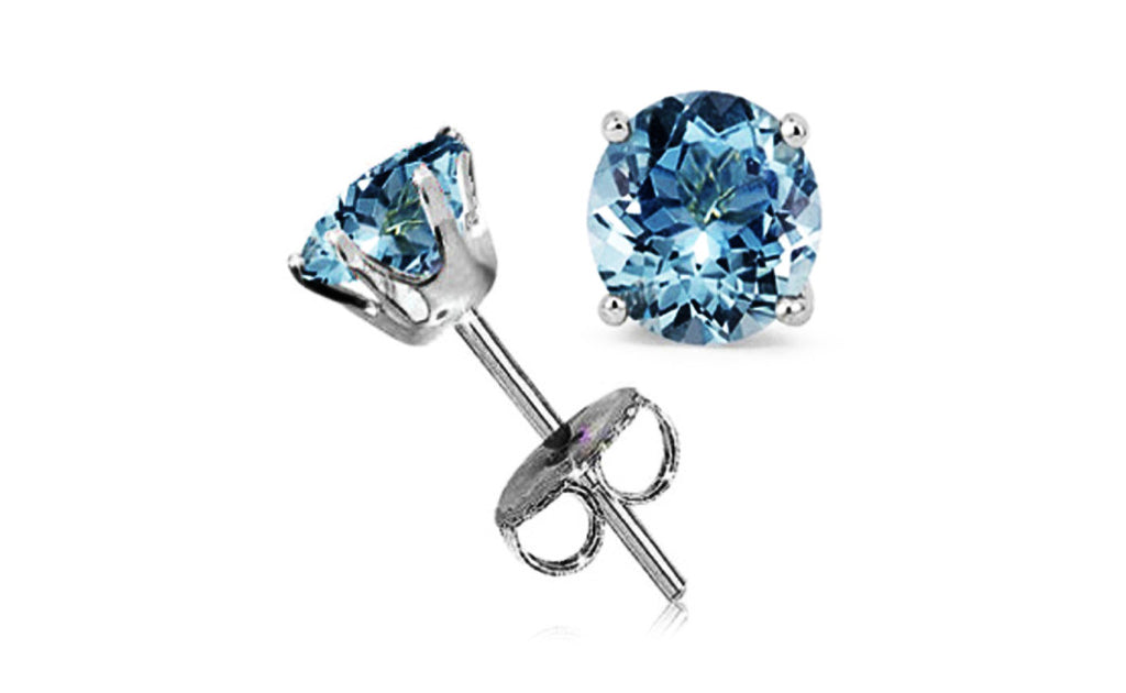 Sterling Silver 1 Carat Aquamarine Cubic Zirconia Round Stud Earrings Gold Plated