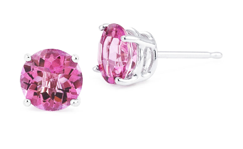 14k White Gold 1Ct Round Pink Tourmaline Cubic Zirconia Stud Earrings Gold Plated