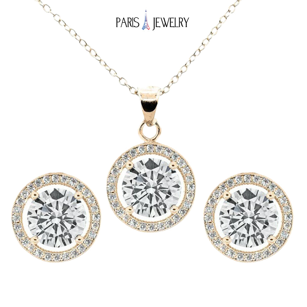 Paris Jewelry 18K Yellow Gold White Halo Round 1, 2, 3 and 4Ct Set Necklace and Earrings with Paris Crystals Plated