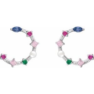 14K White Gold Cultured Freshwater Pearl & Natural Multi-Gemstone Earrings