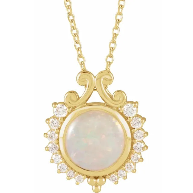 14K Yellow Gold Natural White Opal & 1/6 CTW Natural Diamond 16-18" Necklace