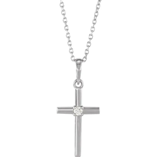 14K White Gold .06 CT Natural Diamond Cross 16-18" Necklace