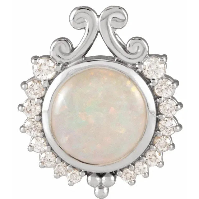 14K White Gold Natural White Opal & 1/6 CTW Natural Diamond Pendant