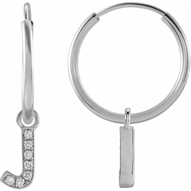 14K White Gold .025 CTW Natural Diamond Single Initial J Hoop Earring