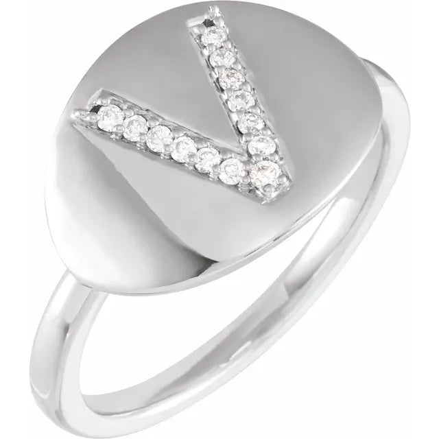 14K White Gold .08 CTW Natural Diamond Initial V Ring