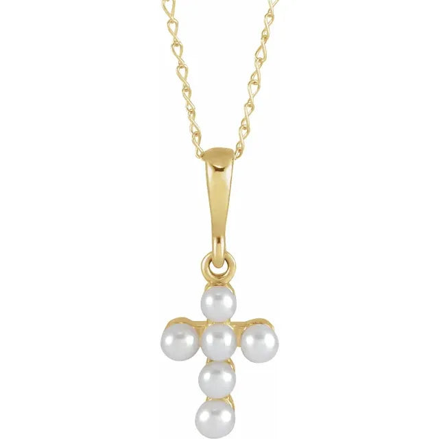 14K Yellow Gold Cultured White Seed Pearl Youth Cross 16" Necklace