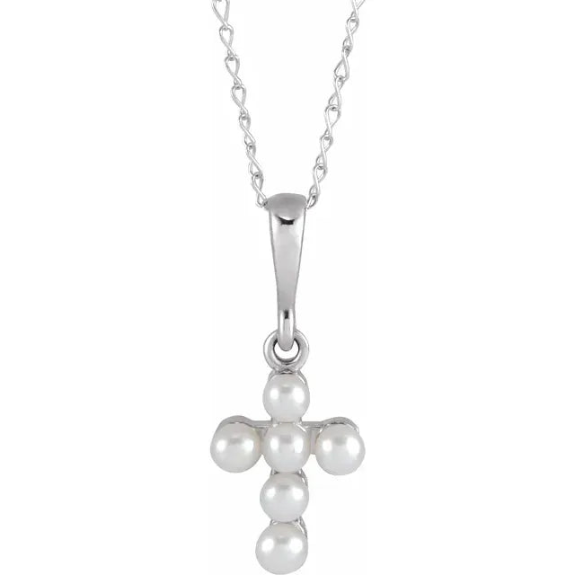 14K White Gold Cultured White Seed Pearl Youth Cross 16" Necklace