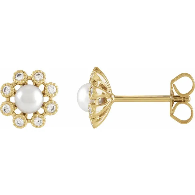 14K White Gold Cultured White Freshwater Pearl & 1/8 CTW Natural Diamond Earrings