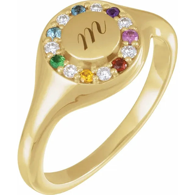 14K Yellow Gold Natural Multi-Gemstone & 1/10 CTW Natural Diamond Halo-Style Signet Ring