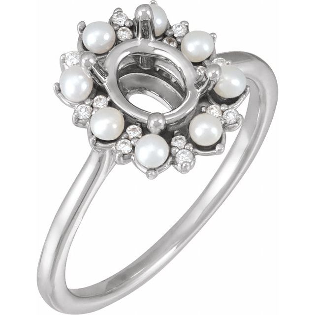 14K White Gold Oval .06 CTW Natural Diamond & Cultured White Seed Pearl Semi-Set Engagement Ring
