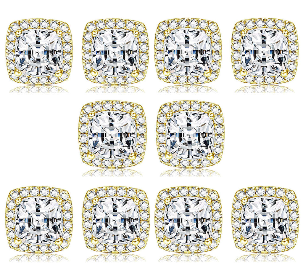 Paris Jewelry 14k Yellow Gold Halo 6mm 2Ct Asscher Cut Created White Sapphire CZ Set Of Five Stud Earrings Plated
