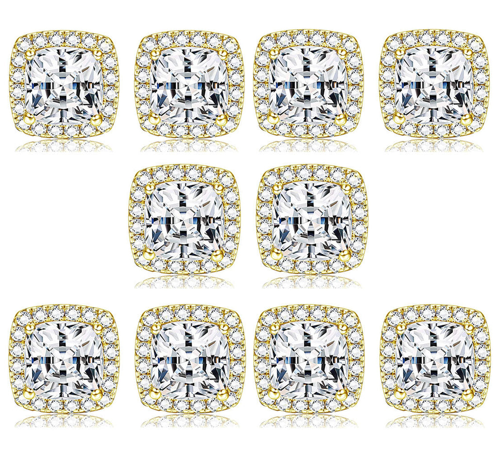 Paris Jewelry 14k Yellow Gold Halo 6mm 2Ct Asscher Cut Created White Sapphire CZ Set Of Five Stud Earrings Plated