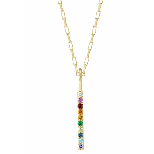 14K Yellow Gold Natural Multi-Gemstone Rainbow Bar 18" Necklace