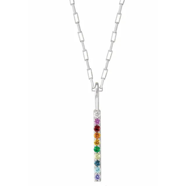 14K White Gold Natural Multi-Gemstone Rainbow Bar 18" Necklace