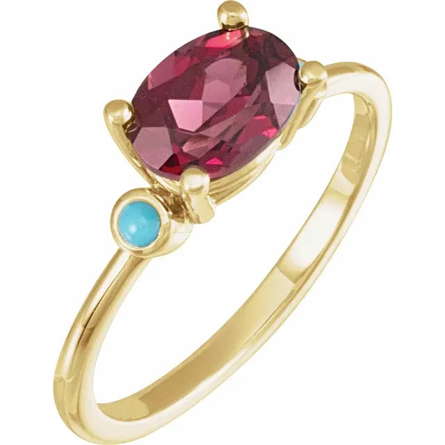 14K Yellow Gold Natural Rhodolite Garnet & Natural Turquoise Ring