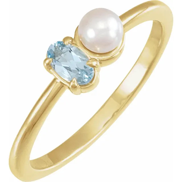 14K White Gold Natural Aquamarine & Cultured White Akoya Pearl Ring