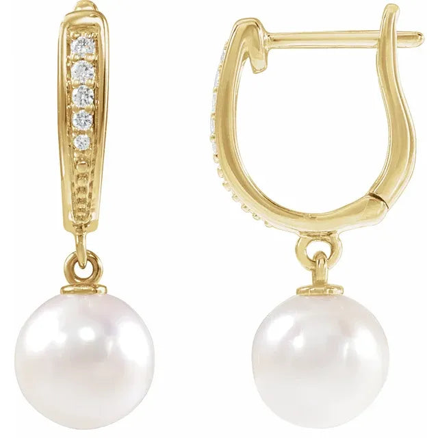 14K Yellow Gold Cultured Akoya Pearl & .03 CTW Natural Diamond Lever Back Earrings