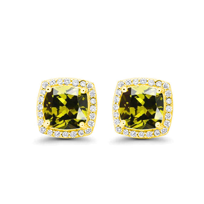 18k Yellow Gold Plated 1/4 Ct Created Halo Princess Cut Peridot Stud Earrings 4mm