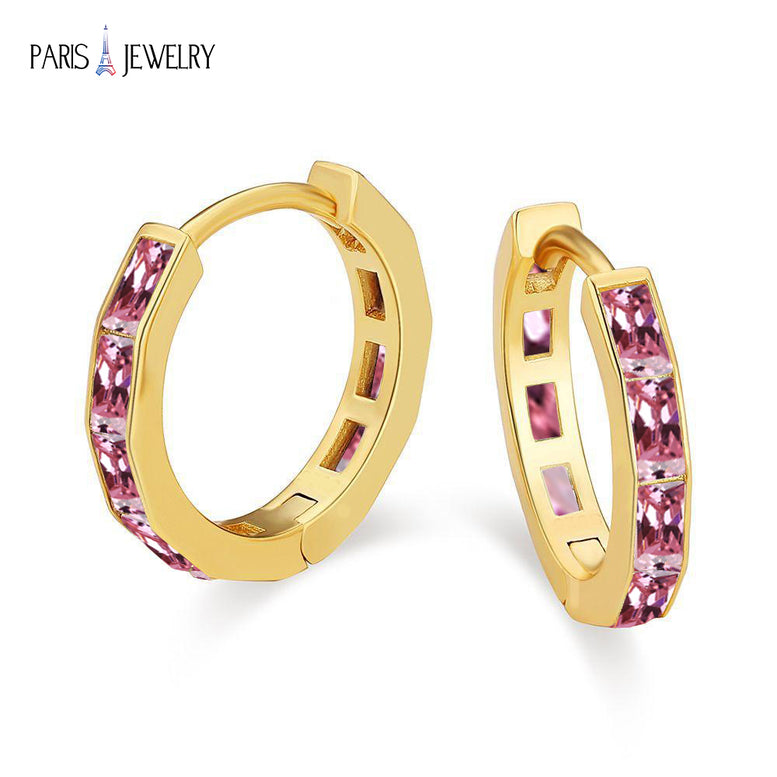 Paris Jewelry 18K Yellow Gold Created Pink 3Ct Emerald Cut Huggie Hoop Earrings Plated