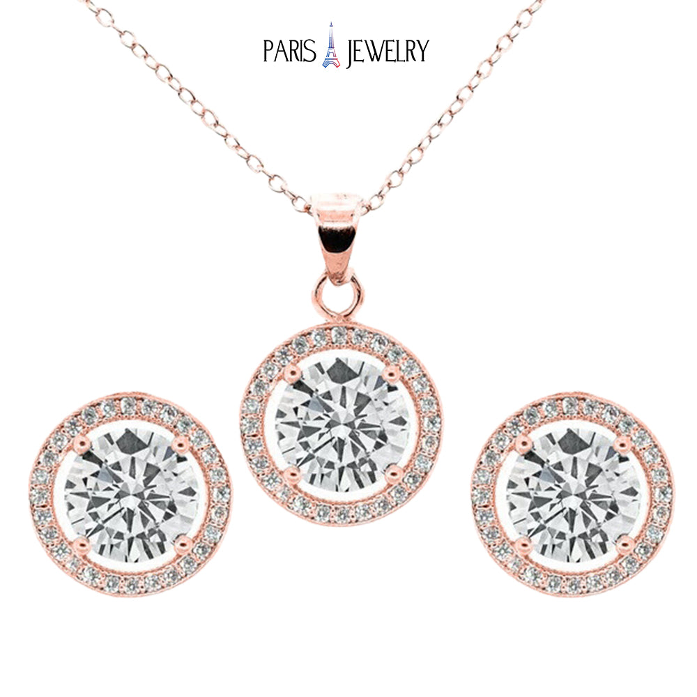 Paris Jewelry 18K Rose Gold Created White Sapphire 1, 2, 3 and 4Ct Halo Round Set Necklace and Earrings Plated