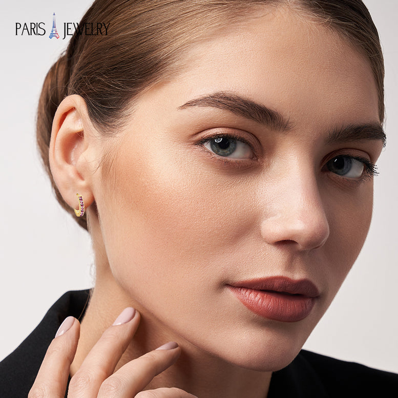 Paris Jewelry 18K Yellow Gold Created Pink 3Ct Emerald Cut Huggie Hoop Earrings Plated