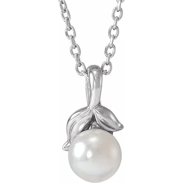 14K White Gold Cultured White Akoya Pearl Floral 16-18" Necklace