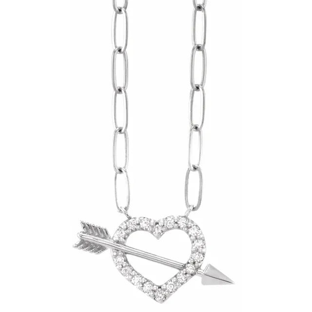 14K White Gold 1/8 CTW Natural Diamond Heart & Arrow 16" Necklace