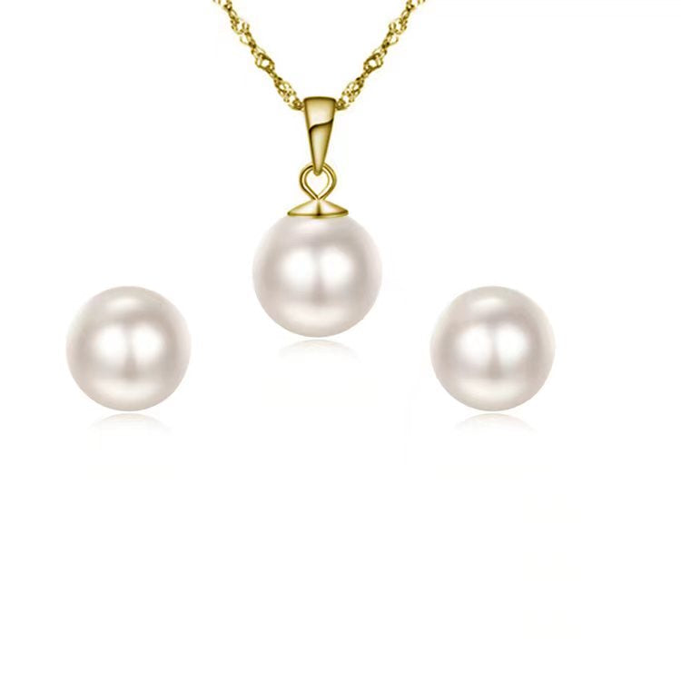 18K Yellow Gold White Pearl 3 Ct Stud Necklace And Earrings Set Plated
