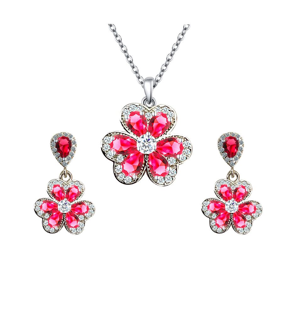 18K White Gold Created Ruby, White Sapphire Flower Necklace and Earrings Set Plated
