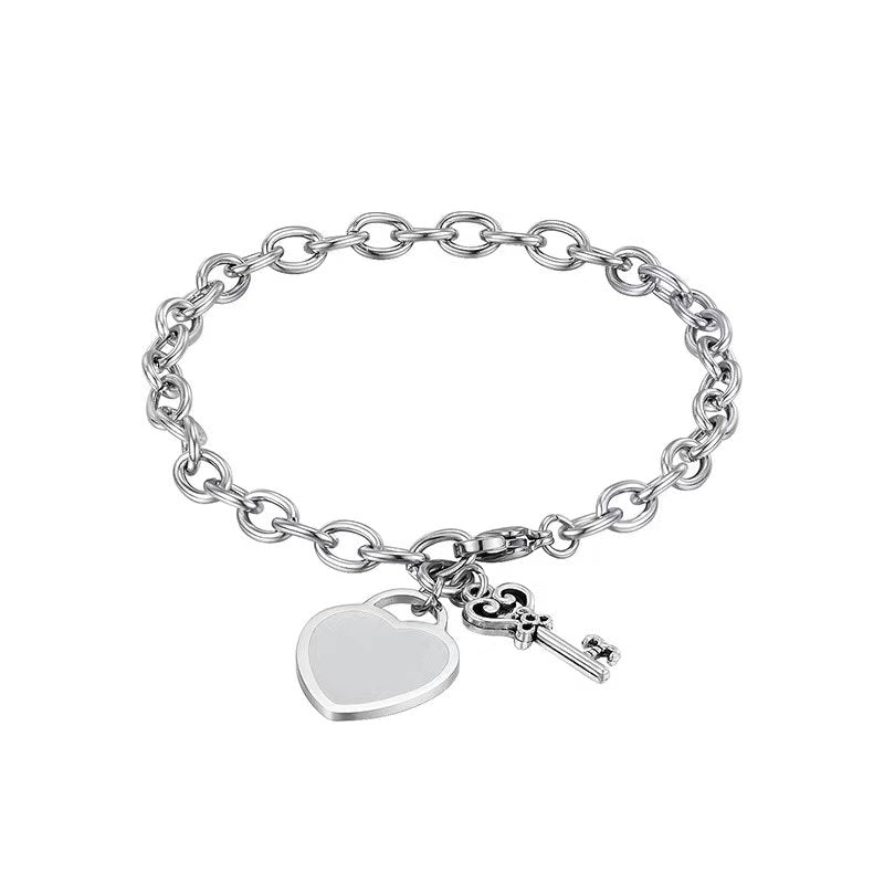 Paris Jewelry 18k White Gold Brushed Heart & Key Charm Toggle Bracelet Plated