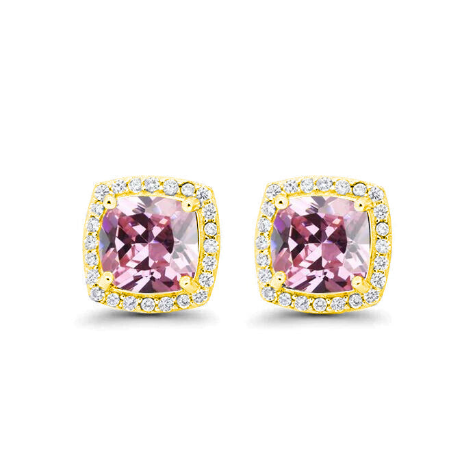 18k Yellow Gold Plated 1/4 Ct Created Halo Princess Cut Pink Sapphire Stud Earrings 4mm