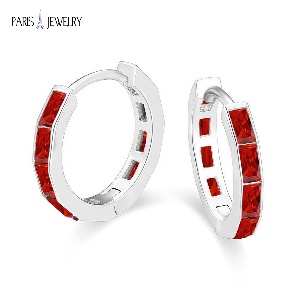 Paris Jewelry 18K White Gold Created Red 3Ct Emerald Cut Huggie Hoop Earrings Plated