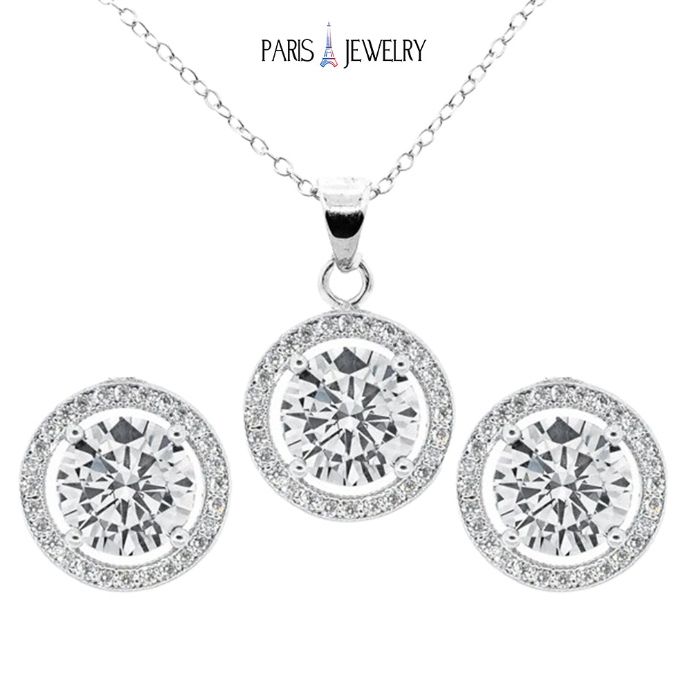 Paris Jewelry 18K White Gold White Halo Round 1, 2, 3 and 4Ct Set Necklace and Earrings with Paris Crystals Plated