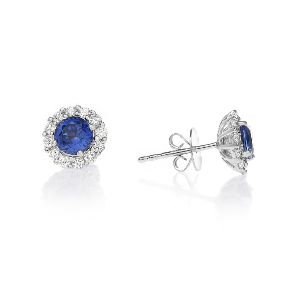14k White Gold Plated 1 Ct Round Created Blue Sapphire Halo Stud Earrings