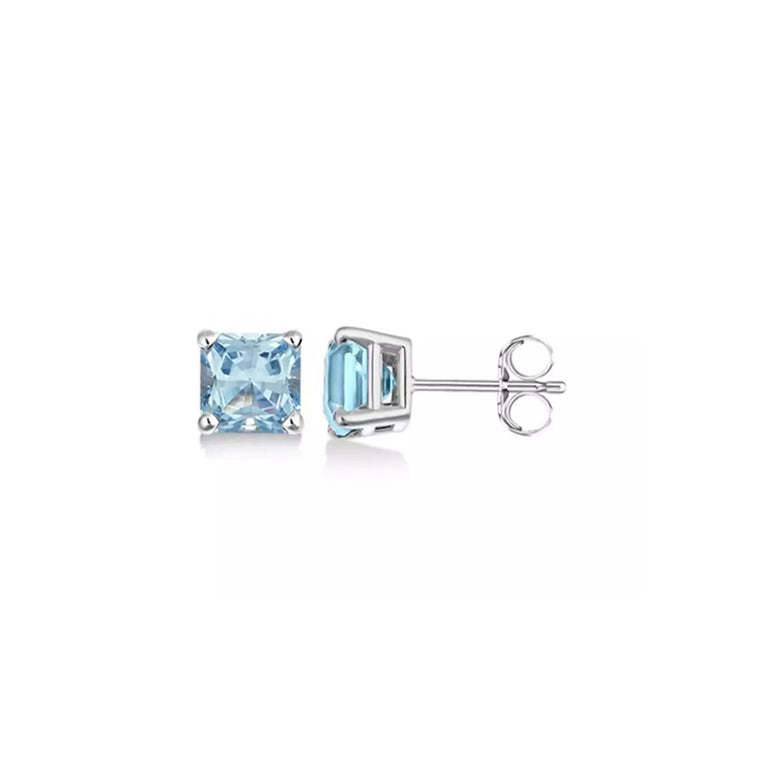 14k White Gold Plated 4 Ct Created Light Blue Sapphire Princess Cut Stud Earrings