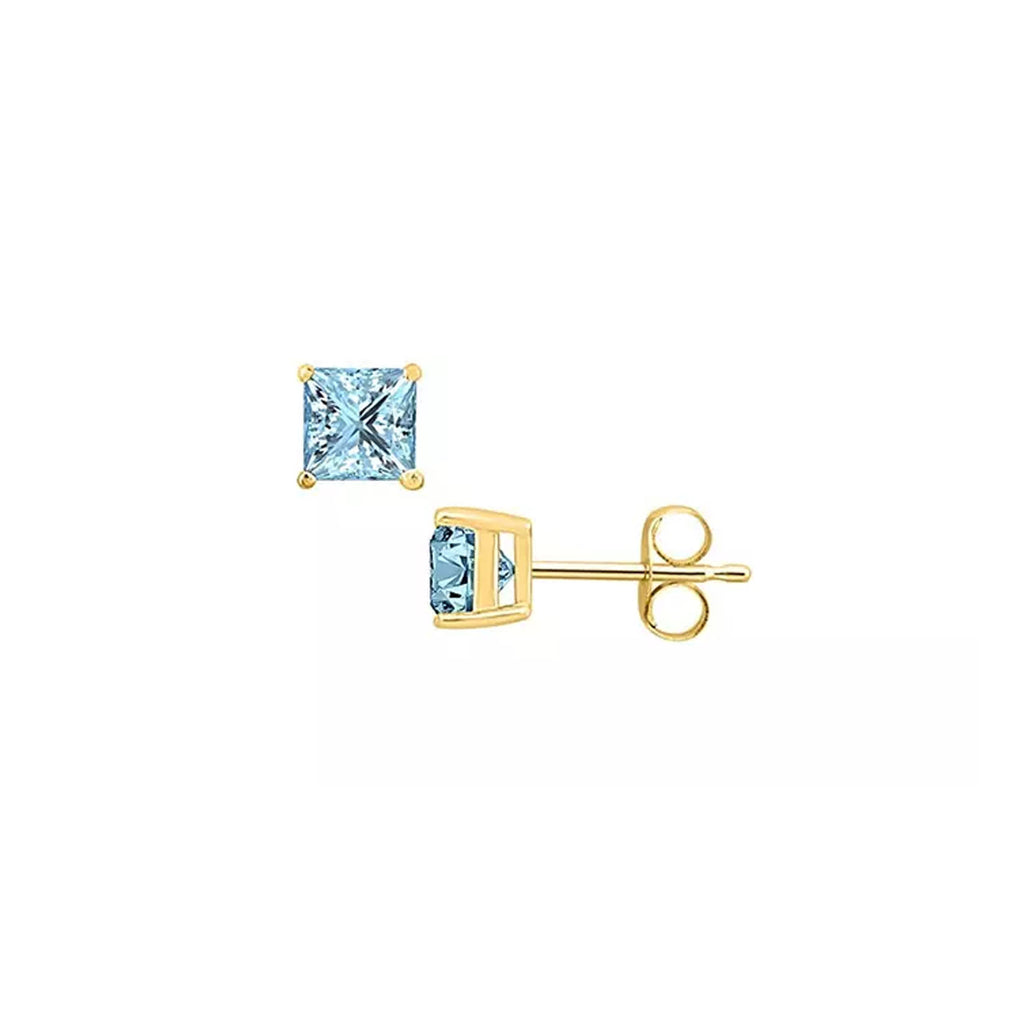 14k Yellow Gold Plated 3 Ct Created Aquamarine Sapphire Princess Cut Stud Earrings