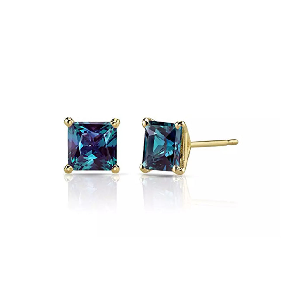 10k Yellow Gold Plated 4 Ct Princess Cut Created Alexandrite Sapphire Stud Earrings