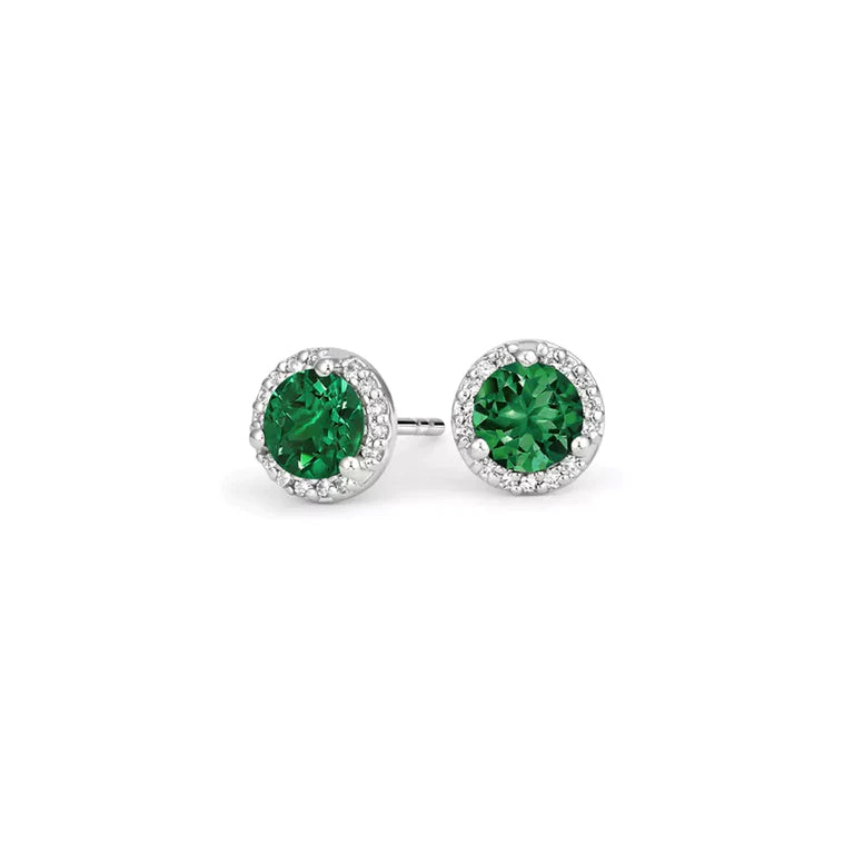 18k White Gold Plated 1/4 Carat Created Halo Round Emerald Stud Earrings 4mm