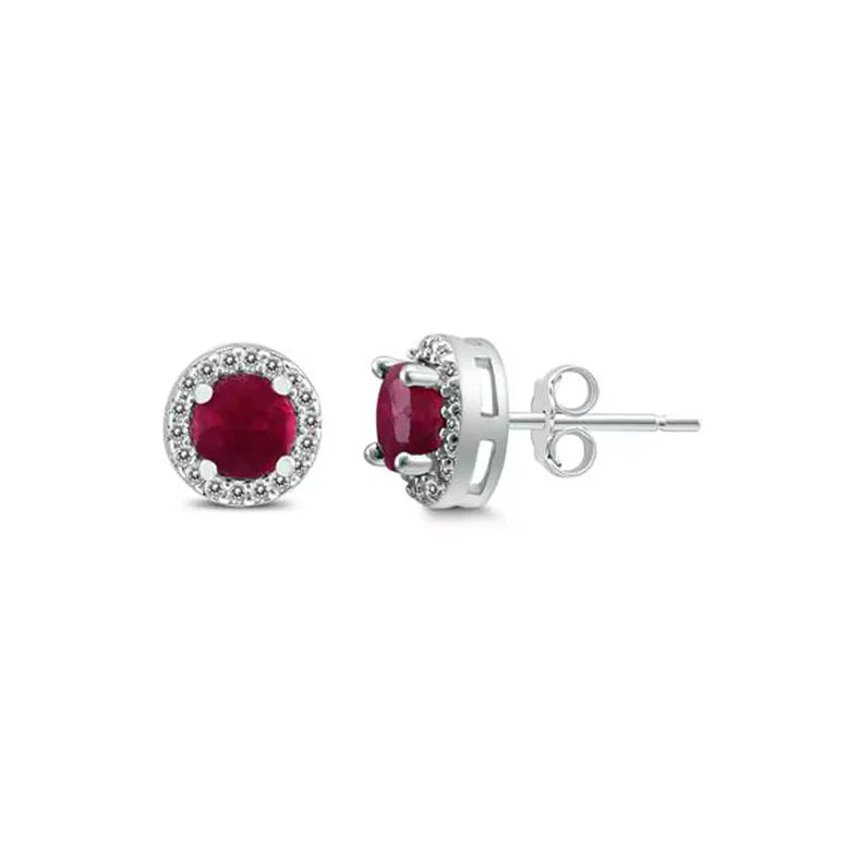 18k White Gold Plated 1/4 Carat Created Halo Round Ruby Stud Earrings 4mm