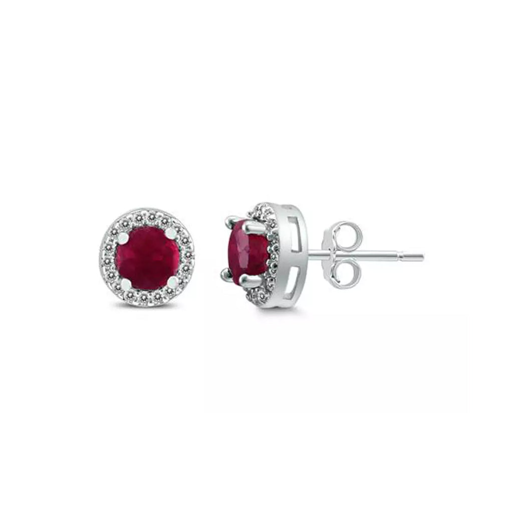 14k White Gold Plated 1/2 Ct Round Created Ruby Halo Stud Earrings